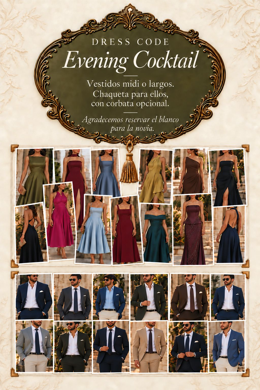 Evening Cocktail. Vestidos midi o largos. Chaqueta para ellos, con corbata opcional. Agradecemos reservar el blanco para la novia. Collage de vestidos y trajes con medallón y borla dorados.