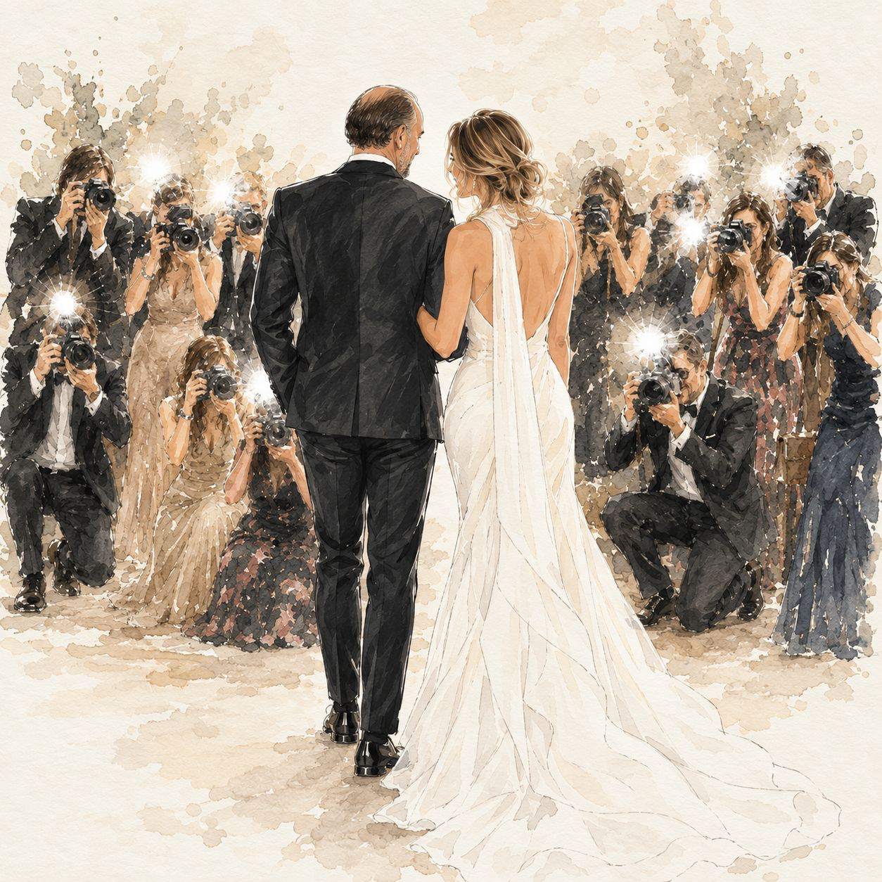 Acuarela de Sara y Luis rodeados de cámaras
