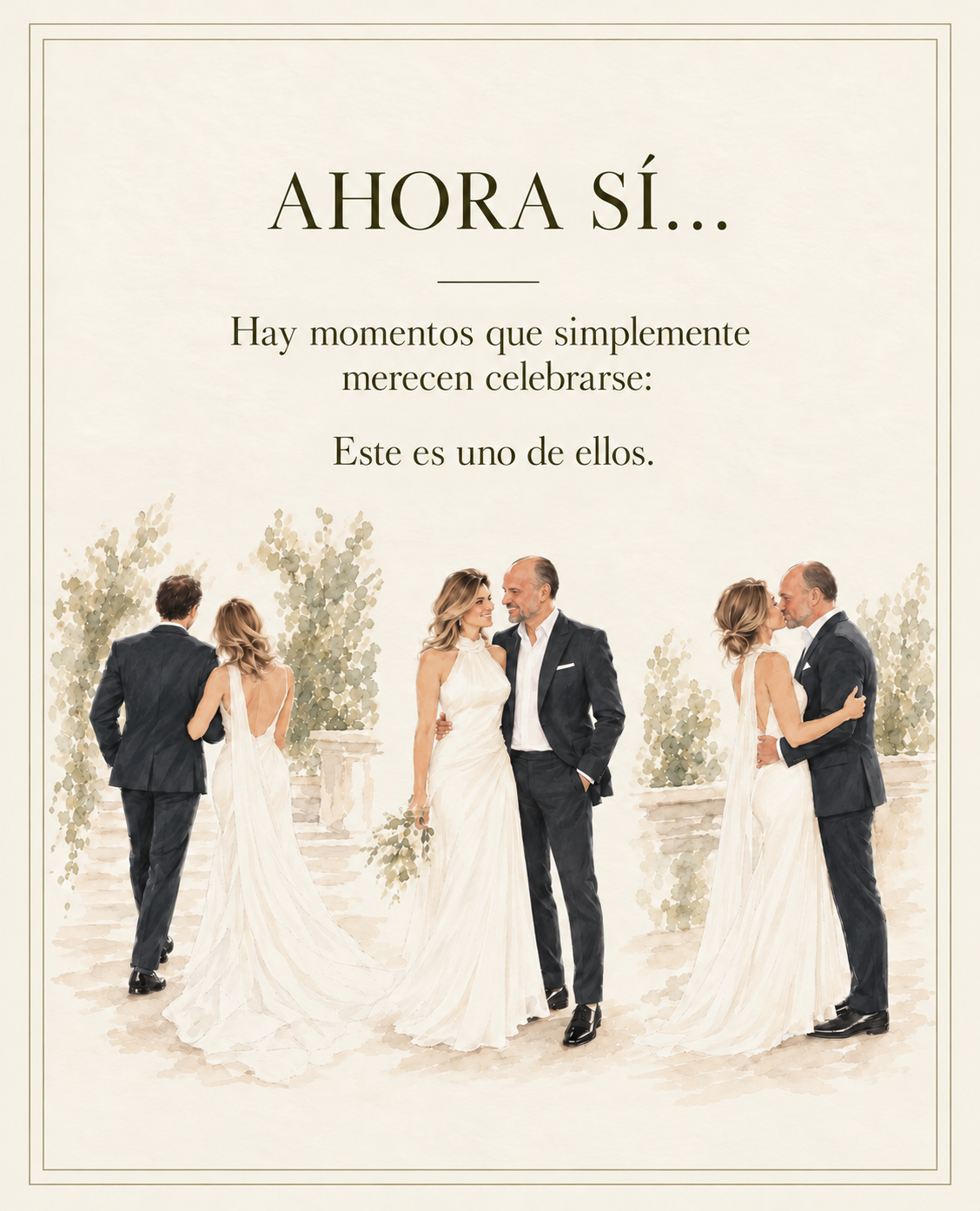 Ahora sí… Hay momentos que simplemente merecen celebrarse: Este es uno de ellos. Ilustración en acuarela de Sara y Luis caminando, mirándose y besándose.